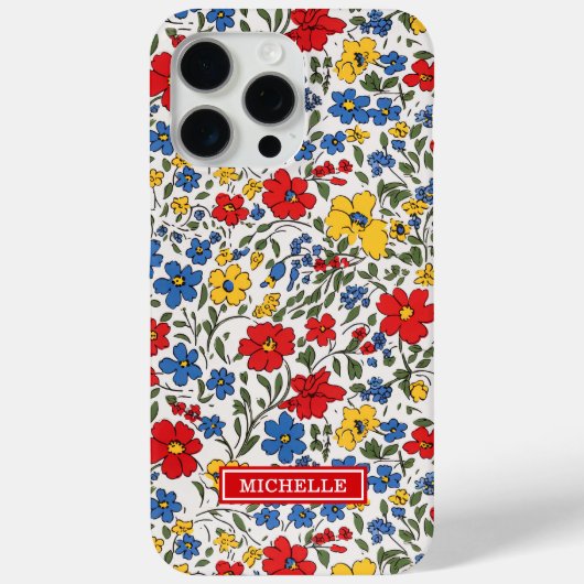 Coques Case-Mate iPhone Fleurs Ditsy Bleu Rouge et Jaune Monogrammées (Verso)