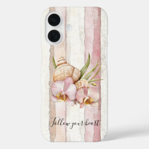 Coques iPhone 16 Fleurs d'orchidée à rayures crème blush rose