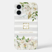 Coques Case-Mate iPhone Fleurs Dorées | Monogramme Floral Rayures Grises (Verso)