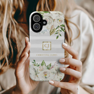 Coques iPhone 16 Fleurs Dorées   Monogramme Floral Rayures Grises