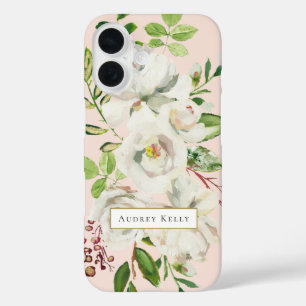 Coques iPhone 16 Fleurs dorées Monogramme personnalisé Rose