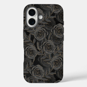 Coques iPhone 16 FLEURS éffrayantes DE HALLOWEEN NOIR ET OR GOTHIQU