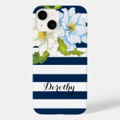 Coques Case-Mate iPhone Fleurs et bleu, rayures blanches modernes florales (Verso)