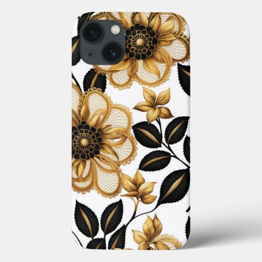 Coques Case-Mate iPhone Fleurs florales élégantes noir et or (Verso)