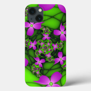 iPhone 13 Coque Fleurs fractales Abstraites de néon rose vert