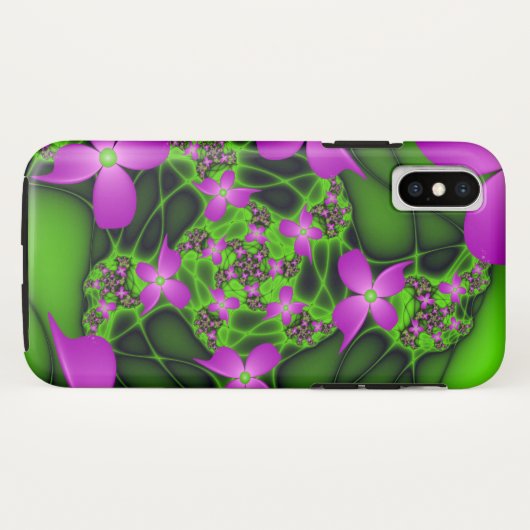 Coques Case-Mate iPhone Fleurs fractales Abstraites de néon rose vert (Dos (Horizontal))