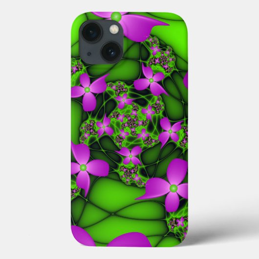 Coques Case-Mate iPhone Fleurs fractales abstraites néon rose vert moderne (Verso)