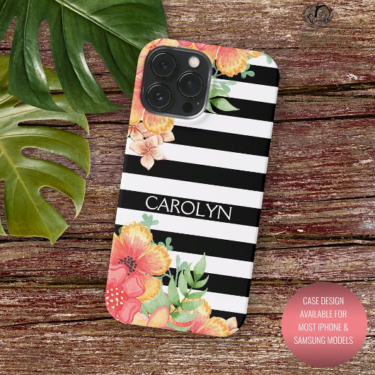 Coques Case-Mate iPhone Fleurs Hawaii personnalisées Motif noir blanc rayu