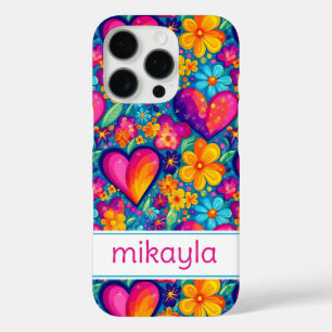 Coques iPhone 16 Pro Fleurs Hippies Groovy Rétro Cœurs Personnalisés