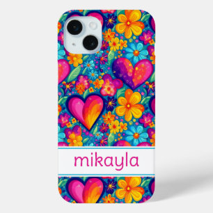 Coque iPhone 15 Mini Fleurs Hippies Groovy Rétro et Cœurs Personnalisés