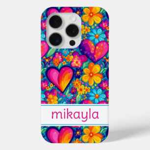 Coque iPhone 15 Pro Fleurs Hippies Rétro Groovy Cœurs Personnalisés