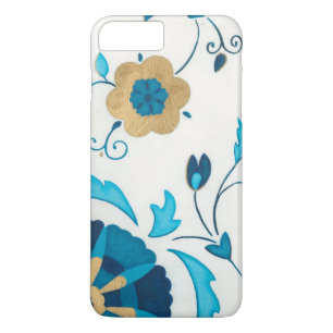 Coques Pour iPhone Fleurs Indigo dorées avec Arrière - plan blanc