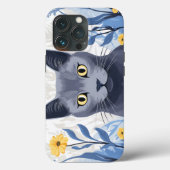 Coques Case-Mate iPhone Fleurs Jaunes Chat Bleu Russe (Verso)