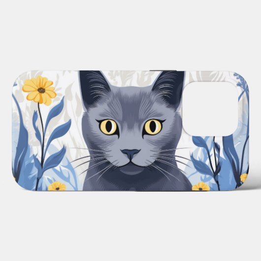 Coques Case-Mate iPhone Fleurs Jaunes Chat Bleu Russe (Verso (horizontal))