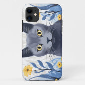 Coques Case-Mate iPhone Fleurs Jaunes Chat Bleu Russe (Dos)