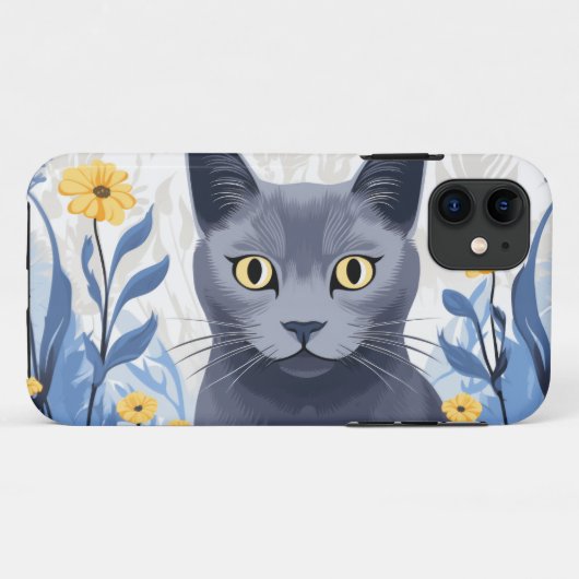 Coques Case-Mate iPhone Fleurs Jaunes Chat Bleu Russe (Dos (Horizontal))