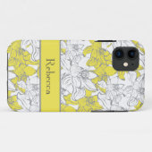 Coques Case-Mate iPhone Fleurs jaunes et grises avec monogramme  (Dos (Horizontal))