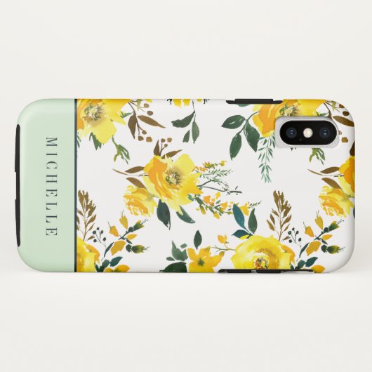 Coques Case-Mate iPhone Fleurs jaunes et monogramme vert (Dos (Horizontal))