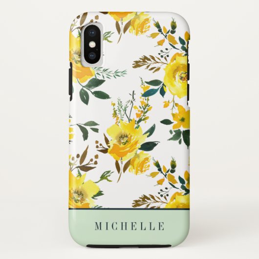 Coques Case-Mate iPhone Fleurs jaunes et monogramme vert (Dos)