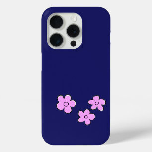 Coque iPhone 15 Pro Fleurs joyeuses - rose sur bleu foncé