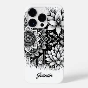 Coque Pour iPhone 14 Pro Fleurs Lotus et Mandalas en noir et blanc