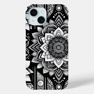 Coque Pour iPhone 15 Fleurs Lotus et Mandalas en noir et blanc