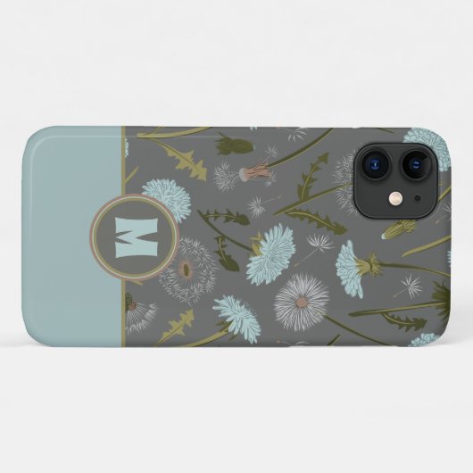 Coques Case-Mate iPhone Fleurs lunaires Monogrammes Gris Bleu Dandelion (Dos (Horizontal))