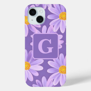 Coque Pour iPhone 15 fleurs marguerites violettes monogramme personnali