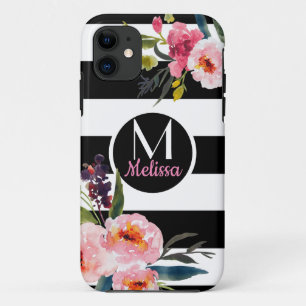 Case-Mate iPhone Case Fleurs - Monogramme rayures noir et blanc
