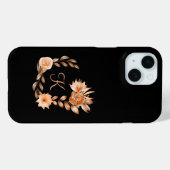 Coques Case-Mate iPhone Fleurs noir marron et pêche monogrammées (Verso (horizontal))