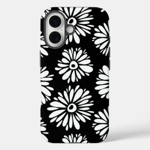 Coques iPhone 16 Fleurs noires et blanches funky