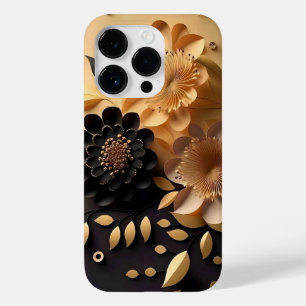 Coque Pour iPhone 14 Pro Fleurs noires et or 3D