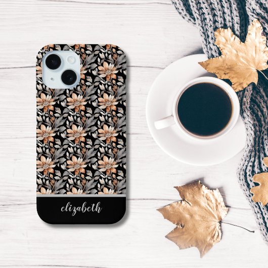 Coques Case-Mate iPhone Fleurs orange brûlé rouille noir gris Monogramme