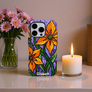 Coques iPhone 16 Pro Fleurs orange gras avec Arrière - plan violet