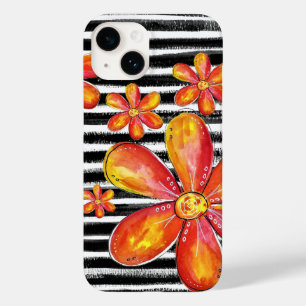 Coque Pour iPhone 14 Fleurs orange sur bandes noires