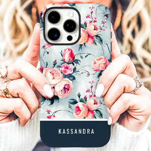 Coques iPhone 16 Pro Max Fleurs personnalisées bleu et pêche atténués