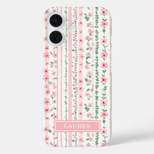 Coques iPhone 16 Fleurs personnalisées rayées roses
