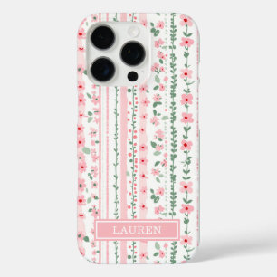 Coques iPhone 16 Pro Fleurs rayées roses personnalisées