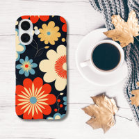 Fleurs rétro hippie bleu jaune beige rouge