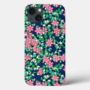 iPhone 13 Case Fleurs roses, arrière - plan bleu foncé