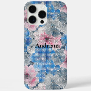 Coques iPhone 16 Pro Max Fleurs roses bleues scintillent