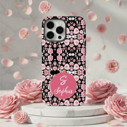 Coques Case-Mate iPhone Fleurs roses élégantes sur motif noir