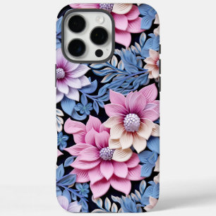 Coques iPhone 16 Pro Max Fleurs roses en relief