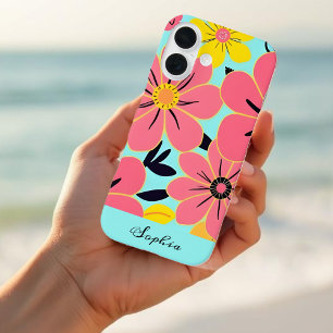 Coques iPhone 16 Fleurs roses et jaunes sur Sky Blue Dopamine