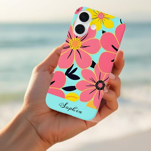 Coques Case-Mate iPhone Fleurs roses et jaunes sur Sky Blue Dopamine
