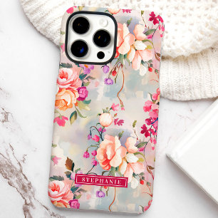 Coques iPhone 16 Pro Max Fleurs roses et pêche Élégant Nom personnalisé Flo