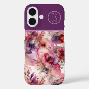 Coques iPhone 16 Fleurs roses et violettes Encre d'alcool Monogramm