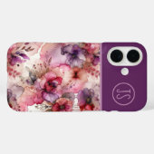 Coques Case-Mate iPhone Fleurs roses et violettes Encre d'alcool Monogramm (Verso (horizontal))