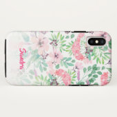Coques Case-Mate iPhone Fleurs roses Feuilles vertes Motif Monogramme (Dos (Horizontal))