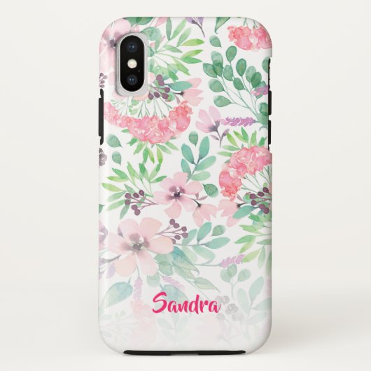 Coques Case-Mate iPhone Fleurs roses Feuilles vertes Motif Monogramme (Dos)